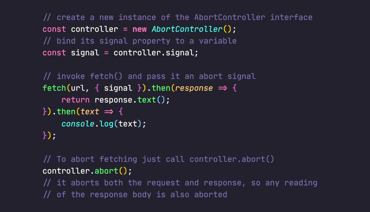 Tip: You can abort Fetch API requests with AbortController. bit.ly/abort-fetch by <a href="/jaffathecake/">Jake Archibald</a> covers it well. Glad browser support improved! bit.ly/ac-mdn