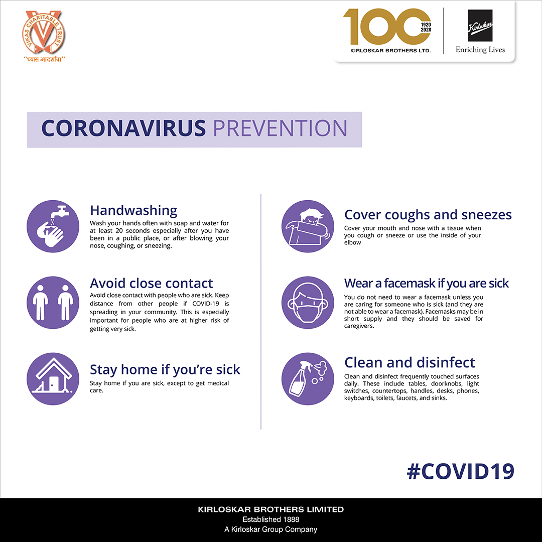 KBLPumps's tweet photo. Prevention is better than cure. #coronavirus or #COVID19 can be prevented by implementing the most basic and simple practices in your daily routine. Let's keep #Corona away. #StaySafe and #takecare
#kblcares #kirloskarbrotherslimited https://t.co/4uOaGbHnpY
