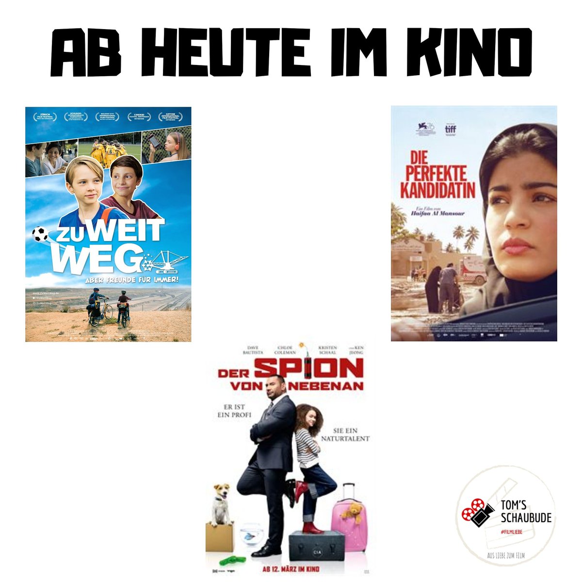 SSchaubude's tweet photo. Unter anderem ab heute im Kino! 😁🎬

Zu weit weg 
https://t.co/cAjvsNjbRV

Der Spion von nebenan 
https://t.co/KVlb5QrxJG

Die perfekte Kandidatin 
https://t.co/XJwGInvLgJ

#Filmliebe #TomsSchaubude #Kino #Kinozeit https://t.co/Iscp1NC9P7