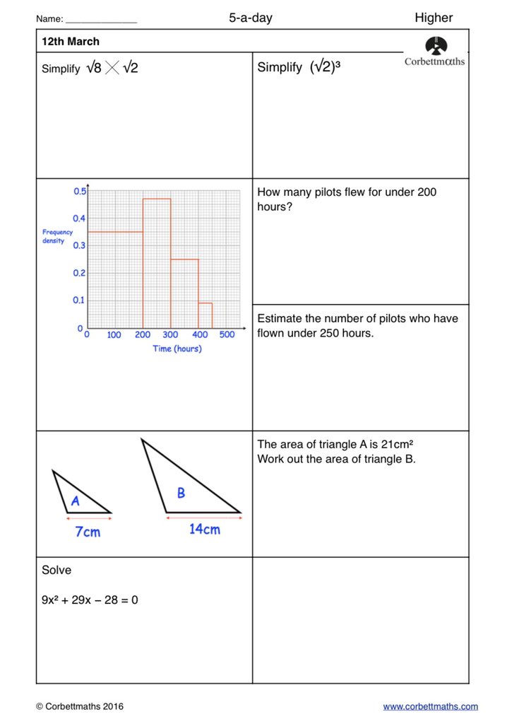 Corbettmaths's tweet photo. Studying for Higher GCSE Maths? Try today's Foundation Plus, Higher &amp; challenging Higher Plus #maths5aday answers: https://t.co/YFH42YTcTV https://t.co/qB4xGDRnBm