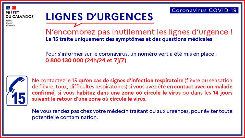 Prefet Du Calvados Pa Twitter Coronavirus Covid19 N Encombrez Pas Inutilement Les Lignes D Urgences Ne Contactez Le 15 Qu En Cas De Signes D Infection Respiratoire Pensez A Appliquer Les Gestes Barrieres