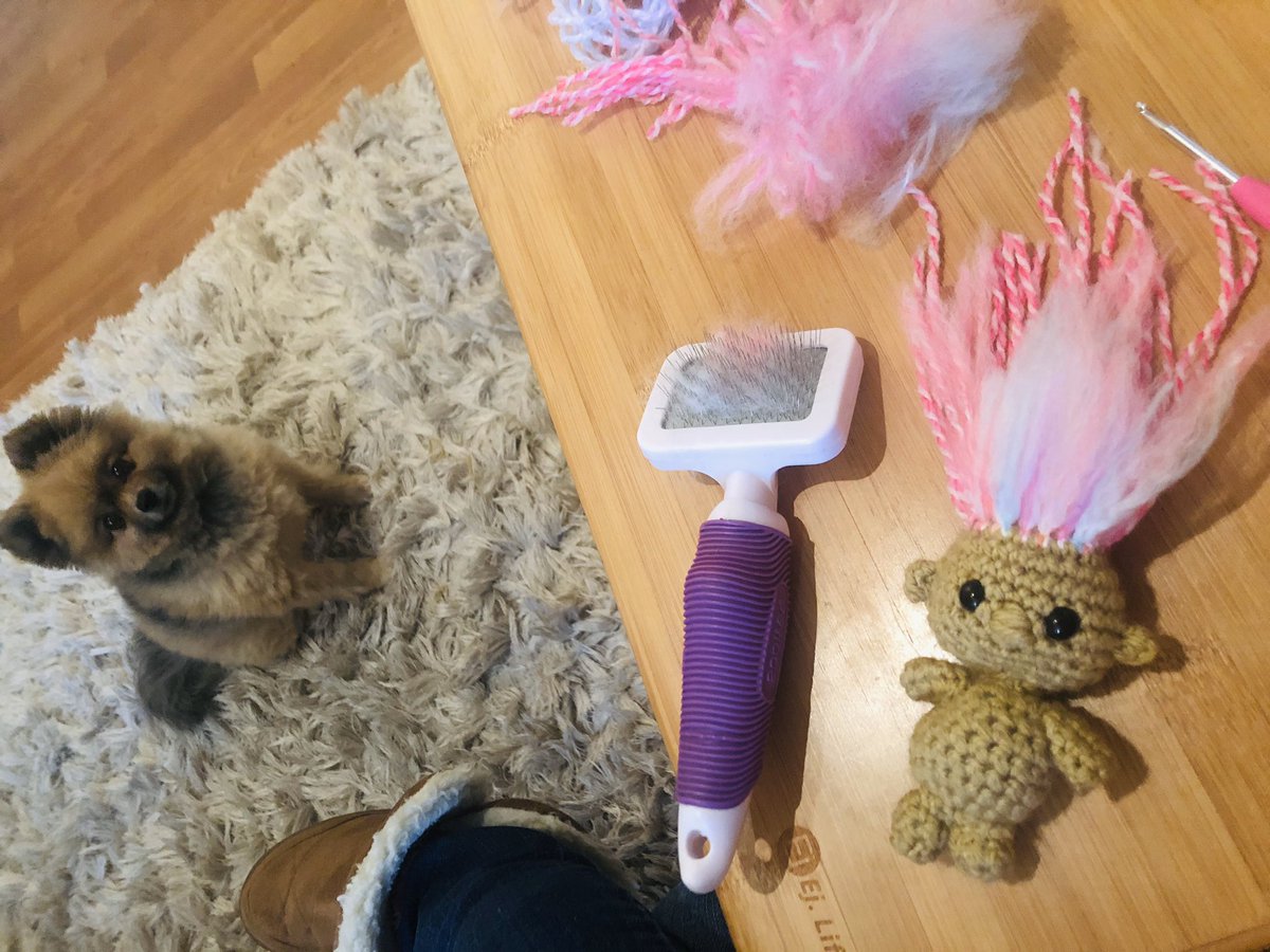 _WoollyThinker's tweet photo. Anxiety powered day. So practicing some self-care. Crochet time. Not touched this since the #profconf 

How scared does Arwen 🐶 look. This is my wool brush, don’t worry pup you’re safe for now. 

#crochet #wool #yarn #80skid #trolls #prototype1 https://t.co/bUoUsFSjrG