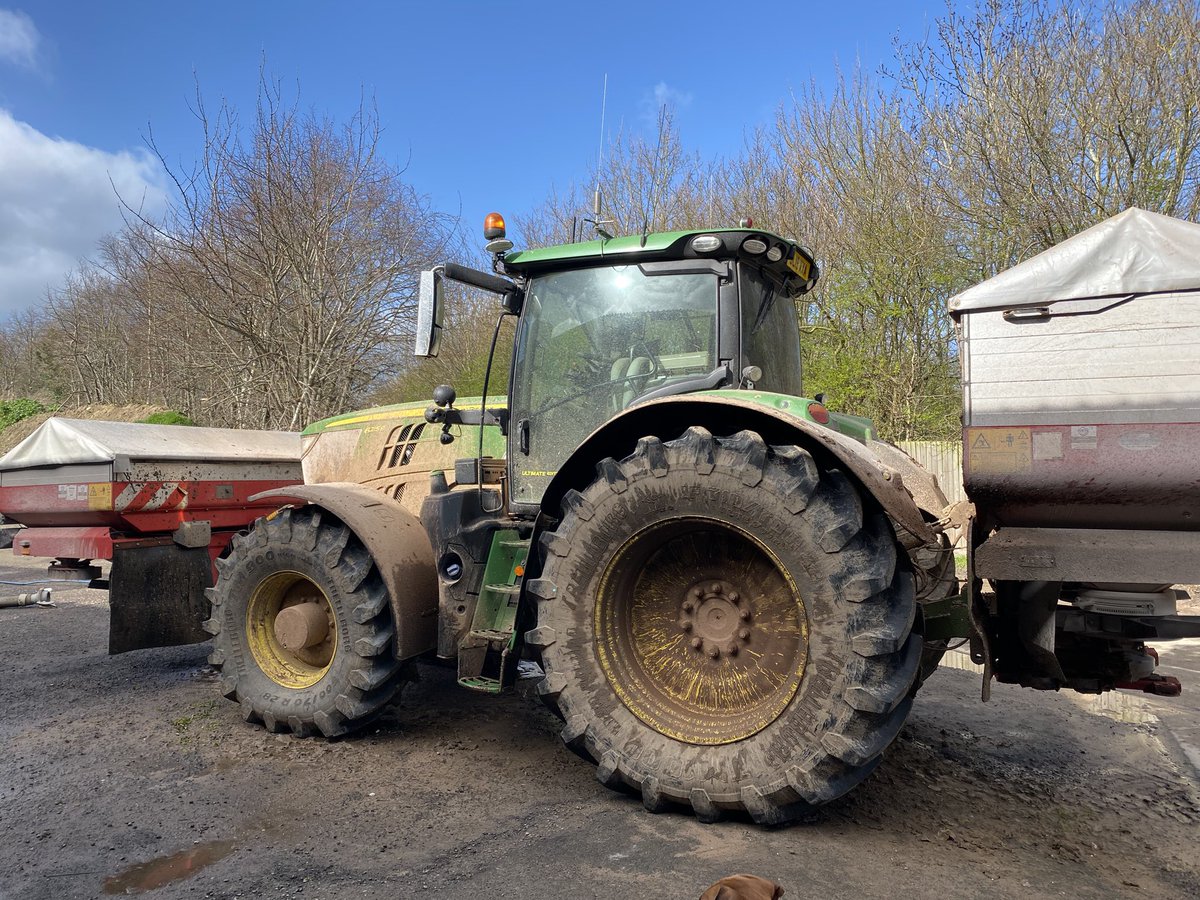 First split of sulphur N as well as straight potash applied to all winter crops to perk them up after this crazy wet winter. 2 spreaders in 1 pass invaluable to save time and make less mess #dirtytractor #fertiliser #spring2020