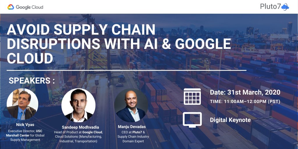 Pluto7_Services's tweet photo. Our CEO and leaders from @GoogleCloud and @USC are hosting a digital keynote on Monday, March 31st at 11am PST! Join us to learn how to digitize your supply chain and avoid disruptions with AI and Google Cloud
.
.
.
.
.
#Pluto7 #Supplychain #thoughtleadership #digialevent https://t.co/aaixJDHUFC