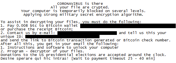 There's a Coronavirus themed ransomware, that actually encrypts.
Encrypted files gets name: %email address%___%original filename &amp; ext%
Note: CoronaVirus.txt
"Donations to the US presidential elections are accepted around the clock."
🤔
<a href="/demonslay335/">Michael Gillespie</a>
cc <a href="/VK_Intel/">Vitali Kremez</a>
