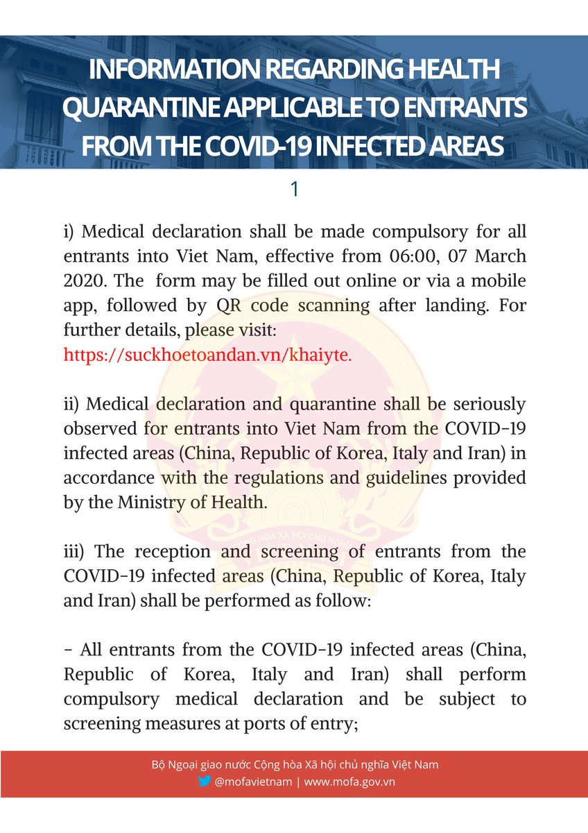 PressDept_MoFA's tweet photo. #COVID19
❗Additional information regarding health quarantine applicable to entrants from the COVID-19 infected areas in accordance with the guidelines of the Ministry of Health of #VietNam 
⬇️ ⬇️ ⬇️ https://t.co/nJQDoiTeBK