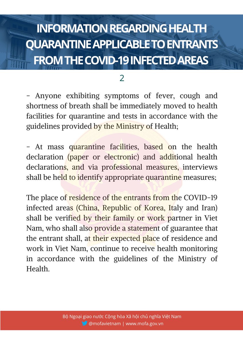 PressDept_MoFA's tweet photo. #COVID19
❗Additional information regarding health quarantine applicable to entrants from the COVID-19 infected areas in accordance with the guidelines of the Ministry of Health of #VietNam 
⬇️ ⬇️ ⬇️ https://t.co/nJQDoiTeBK