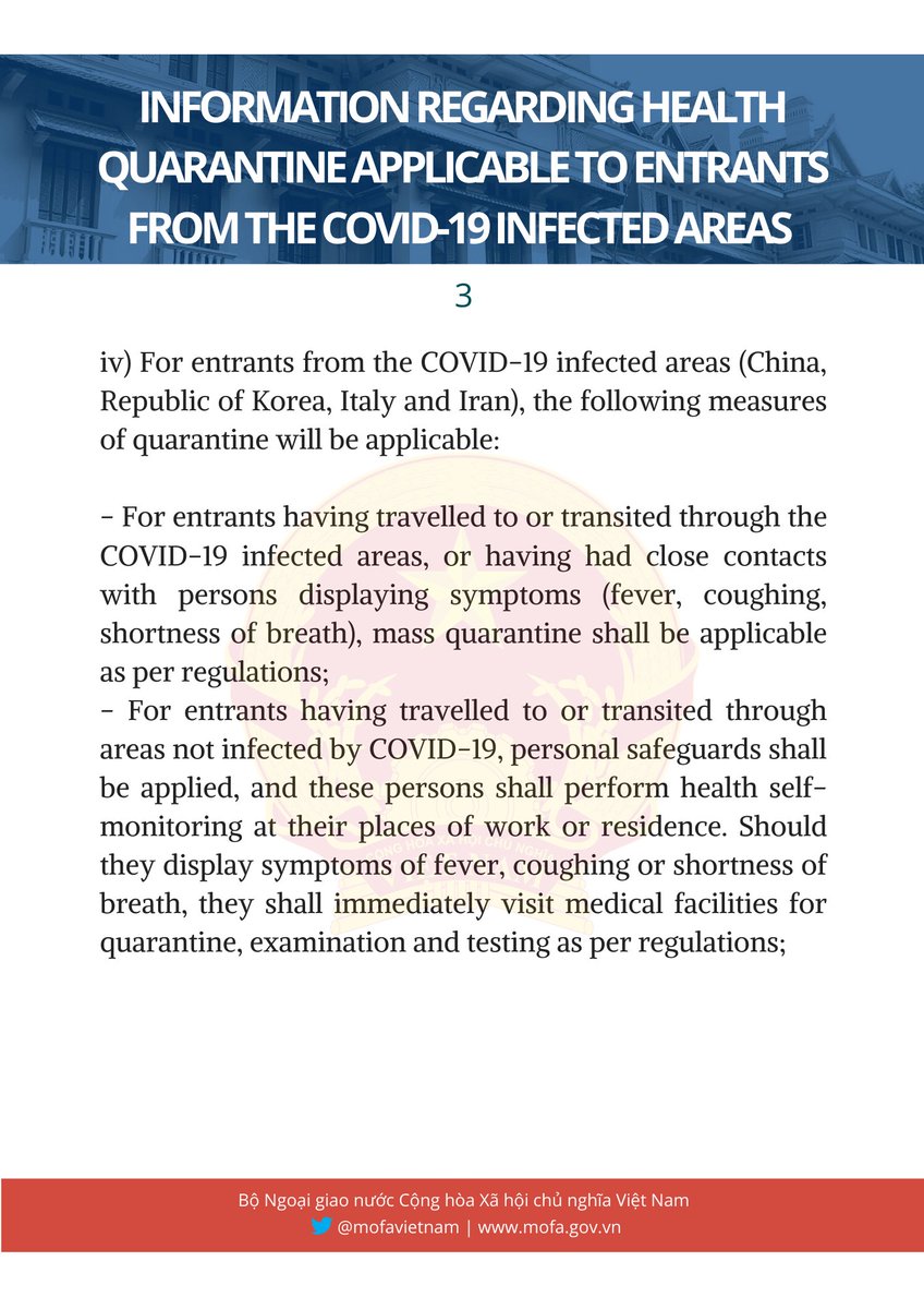 PressDept_MoFA's tweet photo. #COVID19
❗Additional information regarding health quarantine applicable to entrants from the COVID-19 infected areas in accordance with the guidelines of the Ministry of Health of #VietNam 
⬇️ ⬇️ ⬇️ https://t.co/nJQDoiTeBK