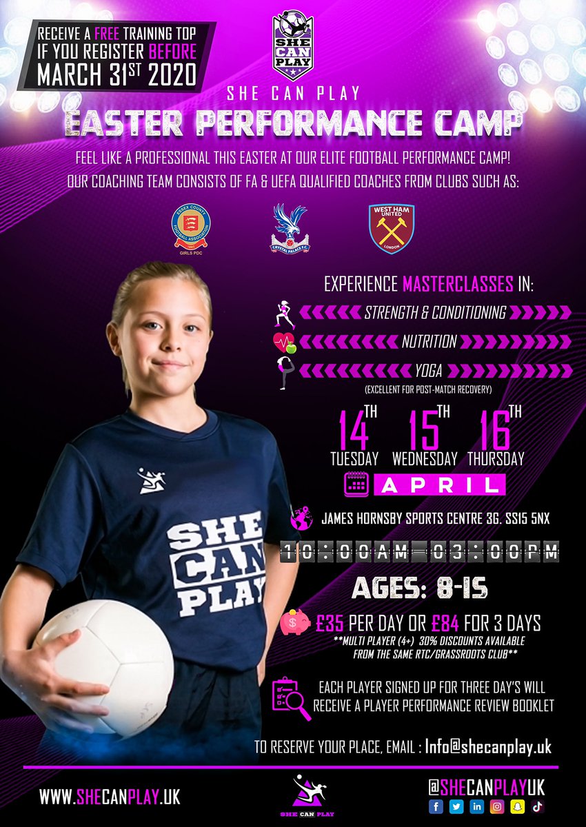 Have you ever seen anything like it!? 

⚽️ Football  ✅ 
🏃🏼‍♀️ S&amp;C✅ 
🥦Nutrition ✅ 
🧘‍♀️YOGA ✅ 

Open to all RTC’s and Grassroots Clubs. We’ve had a RECORD BREAKING number of players register already 🙌 

Take your performance to new levels this Easter 🏆

#SHECANPLAY