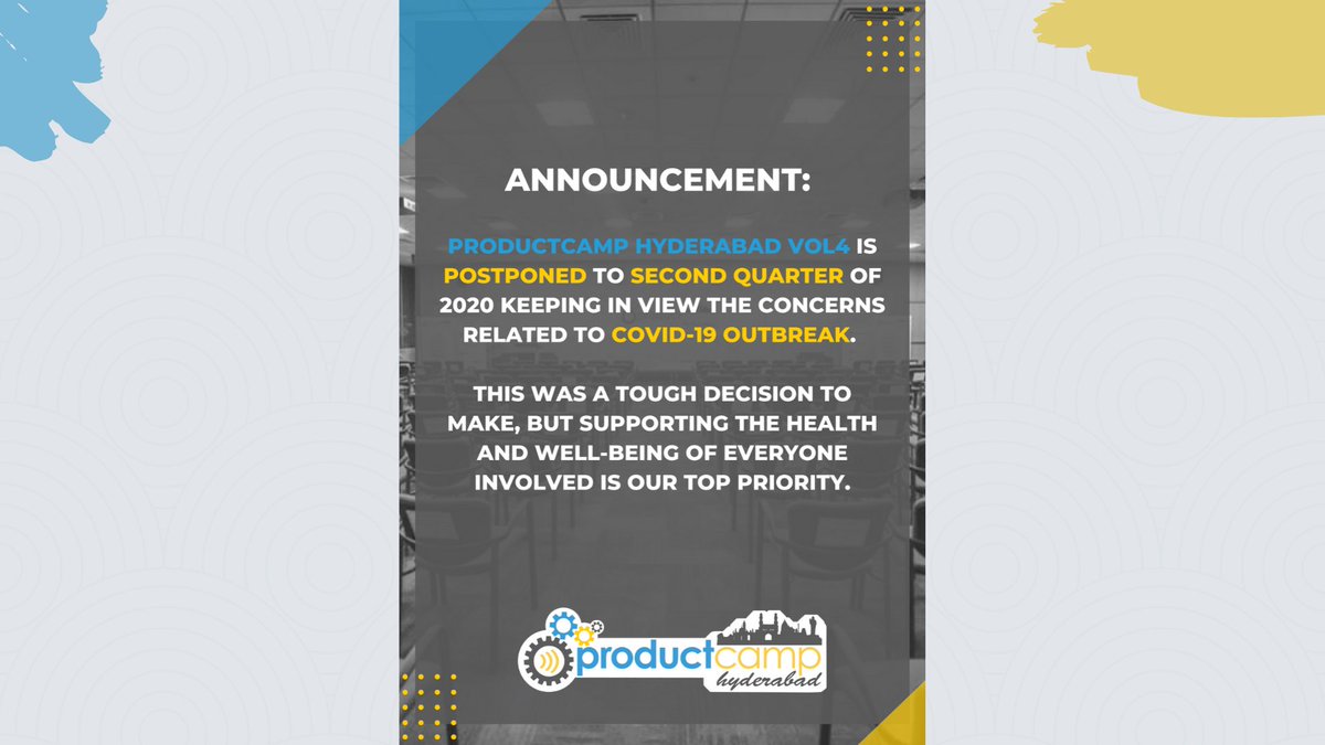 ANNOUNCEMENT: 

PCH Vol4 is postponed to second quarter of 2020 keeping in view the concerns related to COVID-19 outbreak. 

More details - productcamphyd.com/coronavirus-up…
