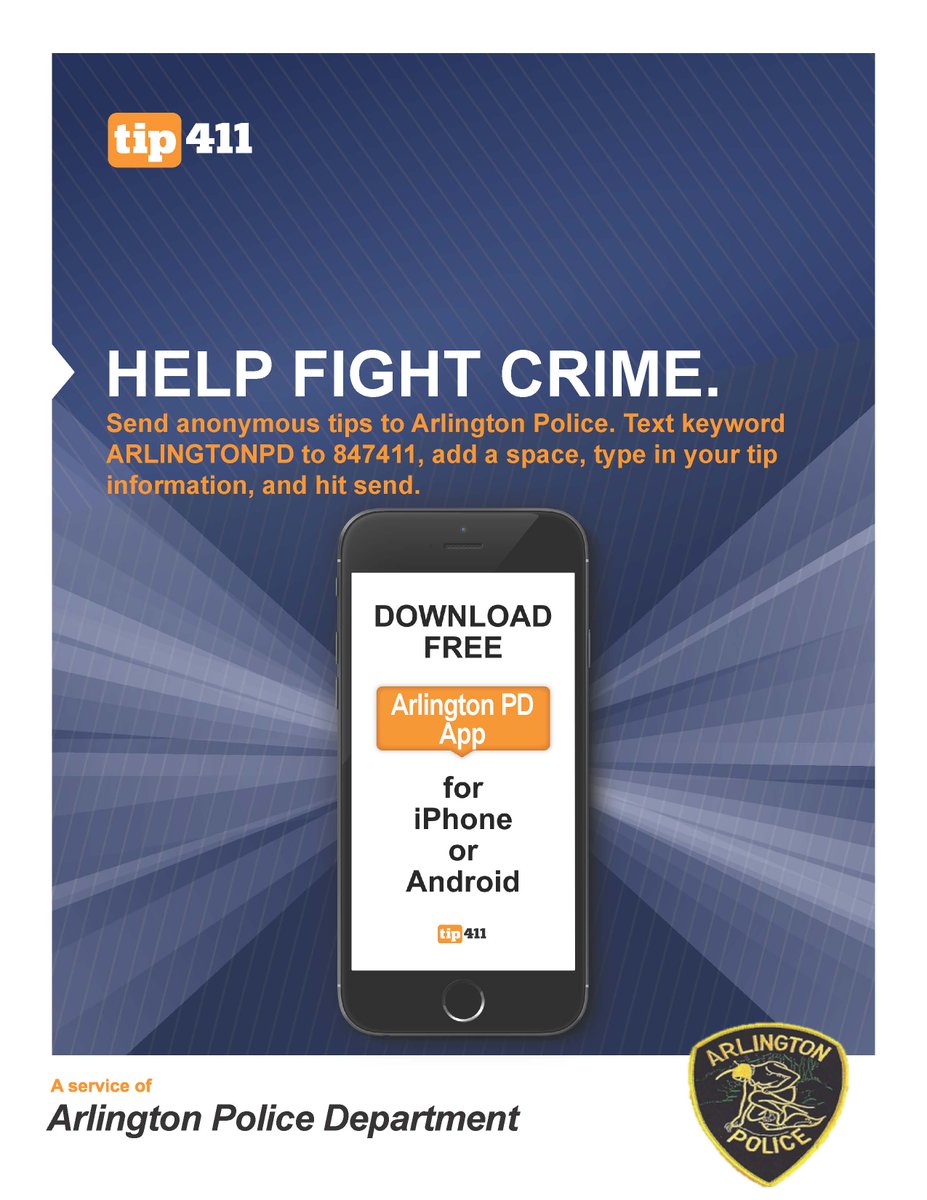 ArlingtonMAPD's tweet photo. What are the benefits of the Arlington PD app? It allows residents to not only submit tips, but access agency alerts, our social media channels, important information, and more to help fight crime from the palm of their hand. #Tip411 #ArlingtonMA https://t.co/adQPwU17Us