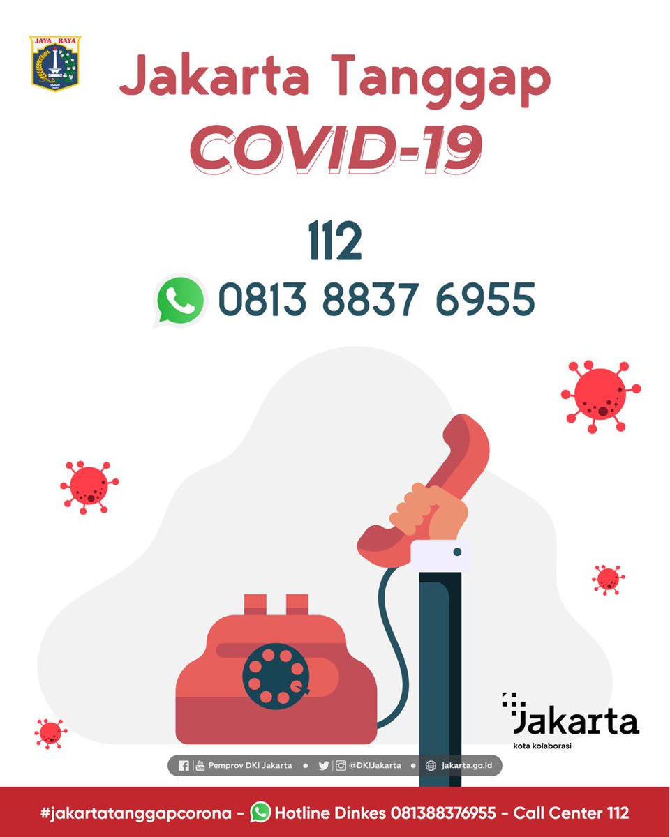 DKIJakarta's tweet photo. Hotline #JakartaTanggapCovid19 112 atau 0813 8837 6955 tetap bisa diakses, jika memiliki pertanyaan seputar COVID-19. https://t.co/6pUSPSvKdC