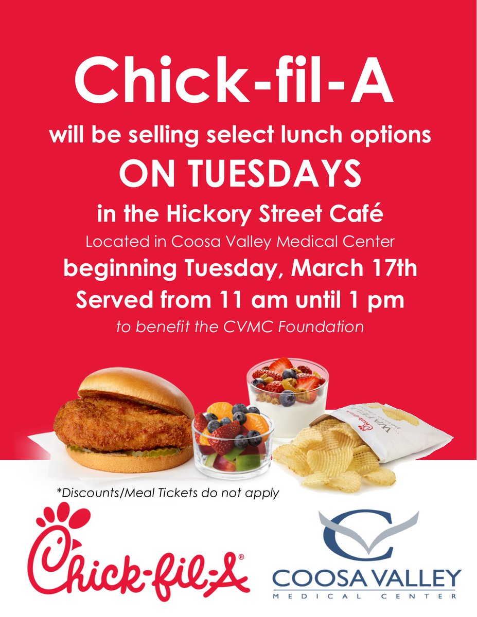 coosavalleymed's tweet photo. The Hickory Street Cafe is excited to partner with Chick-fil-A Sylacauga to bring select lunch options to the CVMC campus every Tuesday. 🐮

Come support the CVMC Foundation beginning this Tuesday, March 17th! https://t.co/oNxnBUTKSl