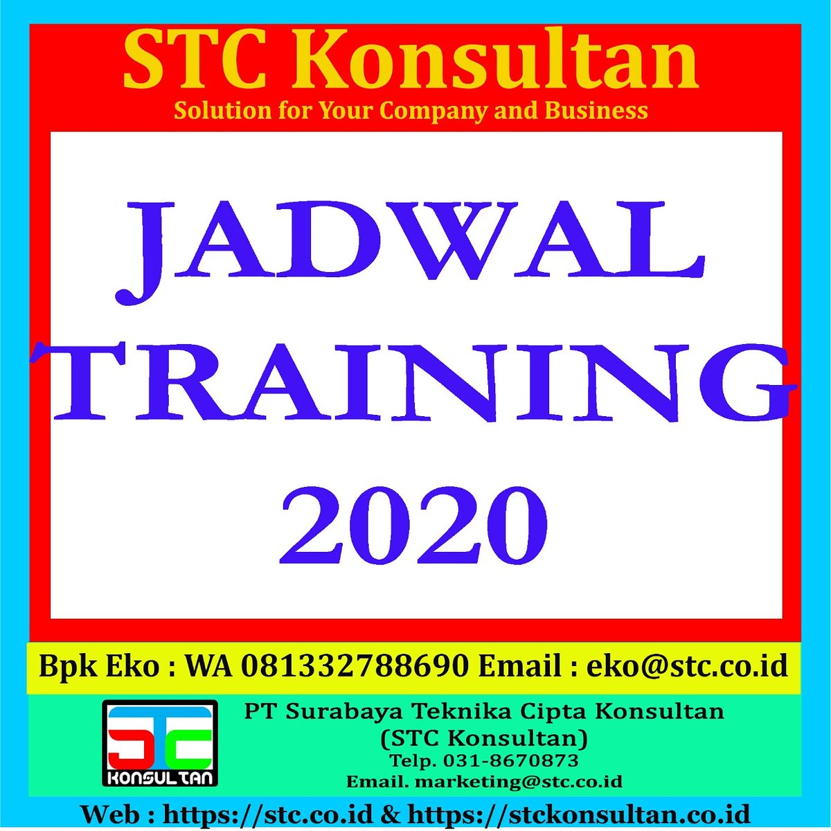 ekotraining's tweet photo. JADWAL TRAINING 2020, WA : 081_332_788_690, STC KONSULTAN
Hub Bpk Eko 081332788690 & eko@stc.co.id / Chat: https://t.co/fGQChRZRYA
#JadwalTraining2020 #JadwalTraining #InfoTraining #InformasiTraining #STCKonsultan #Training #InhouseTraining
Web : https://t.co/tPtVt5vzoc https://t.co/PXrkxhDH9q