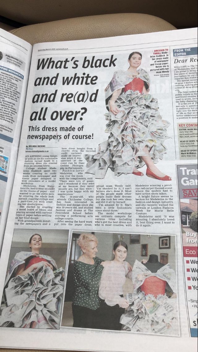MaddyHaddock08's tweet photo. Wow I’m so thankful to @portsmouthnews for featuring me and my hand made paper dress in there papers yesterday #paperfashion #portsmouthnews #recylefashion #ecofashion #teenfashiondesigner #newspaperfashion ❤️ https://t.co/itLynYy3hx