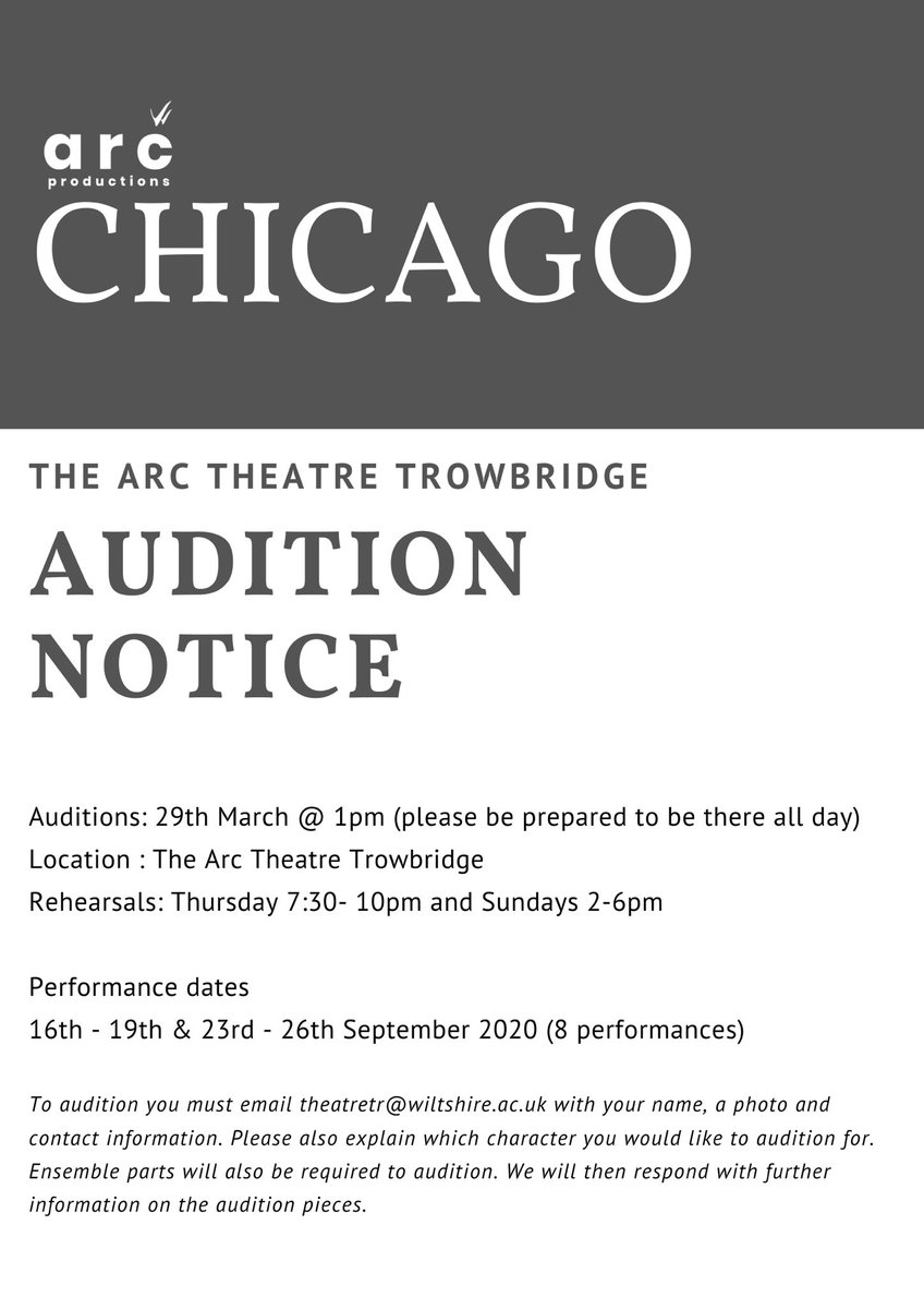 arctrowbridge's tweet photo. Chicago auditions at the Arc Theatre are in three weeks time ! 😮 follow us on Facebook for more Information https://t.co/MOlizVyrhw