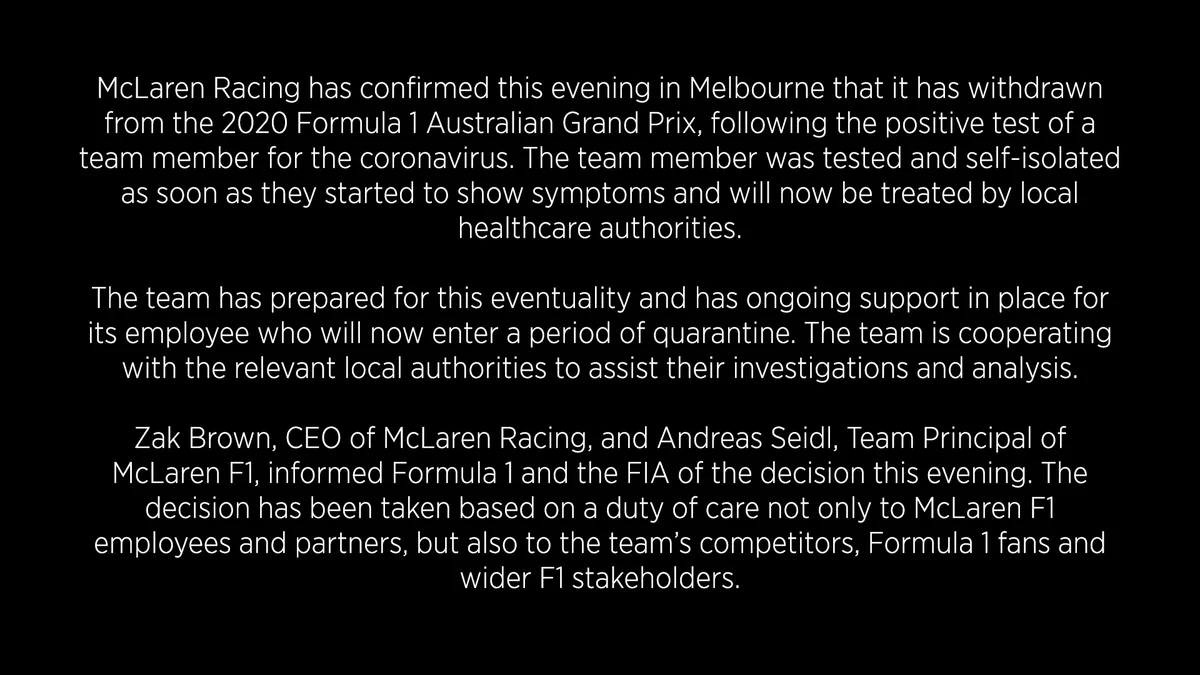 マクラーレンF1、オーストラリアGPを欠場することを発表！