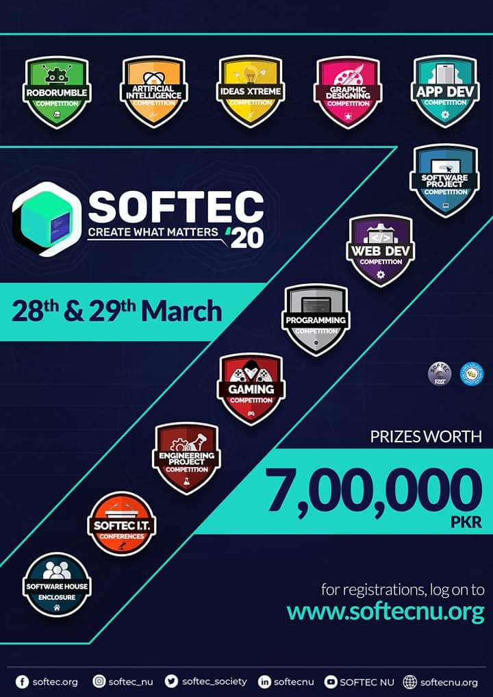 softecfast's tweet photo. https://t.co/akQoXP23Xd

SOFTEC '20 is right around the corner and registrations are gonna close in a matter of few days! If you still haven't registered then now's your chance!

#Prizes #Competitions #Seminars #ITExtravaganza #CreateWhatMatters #SOFTEC #SOFTEC2020 https://t.co/F1IA4BVQNS