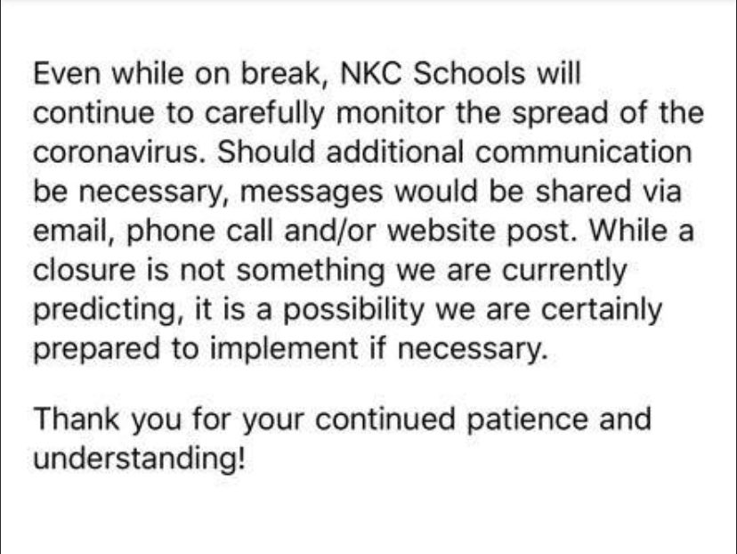 In case you missed the email sent out to parents &amp; teachers yesterday, <a href="/NKCSchools/">NKC Schools</a> is taking a pro-active approach to the possible hindrance to teaching &amp; learning from #CoronavirusPandemic #Covid_19 following #NKCSpringBreak. See statement &amp; details below ⬇️