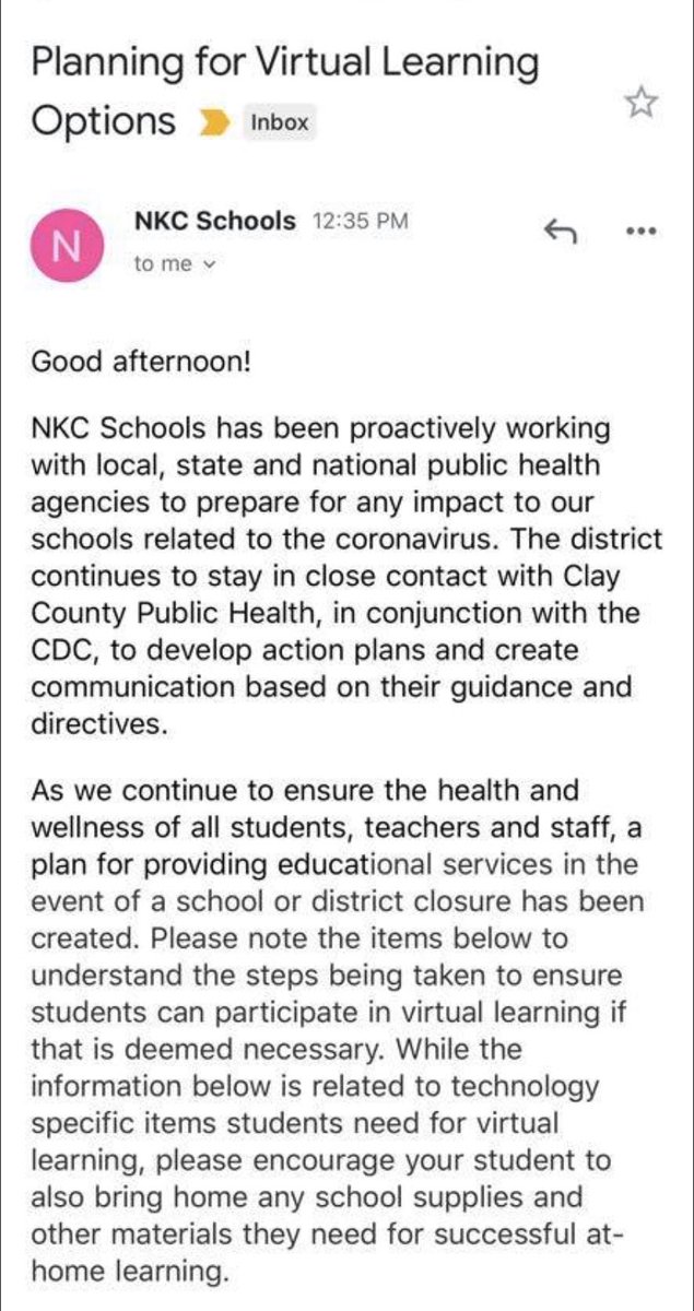 BrianMercerNKC's tweet photo. In case you missed the email sent out to parents &amp; teachers yesterday, @NKCSchools is taking a pro-active approach to the possible hindrance to teaching &amp; learning from #CoronavirusPandemic #Covid_19 following #NKCSpringBreak. See statement &amp; details below ⬇️ https://t.co/vnBPyYeeYe