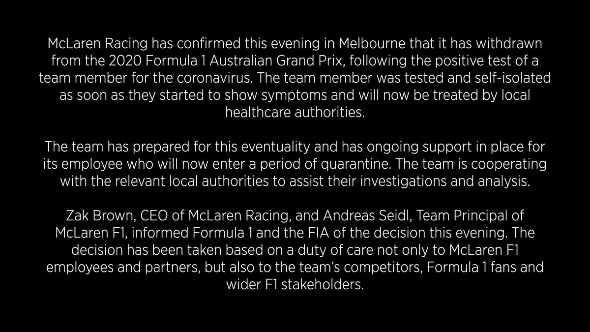 3AW693's tweet photo. BREAKING: McLaren Racing has withdrawn from this weekend’s Formula 1 Grand Prix in Melbourne.

A team member has tested positive for coronavirus. https://t.co/qxYesMCOtK