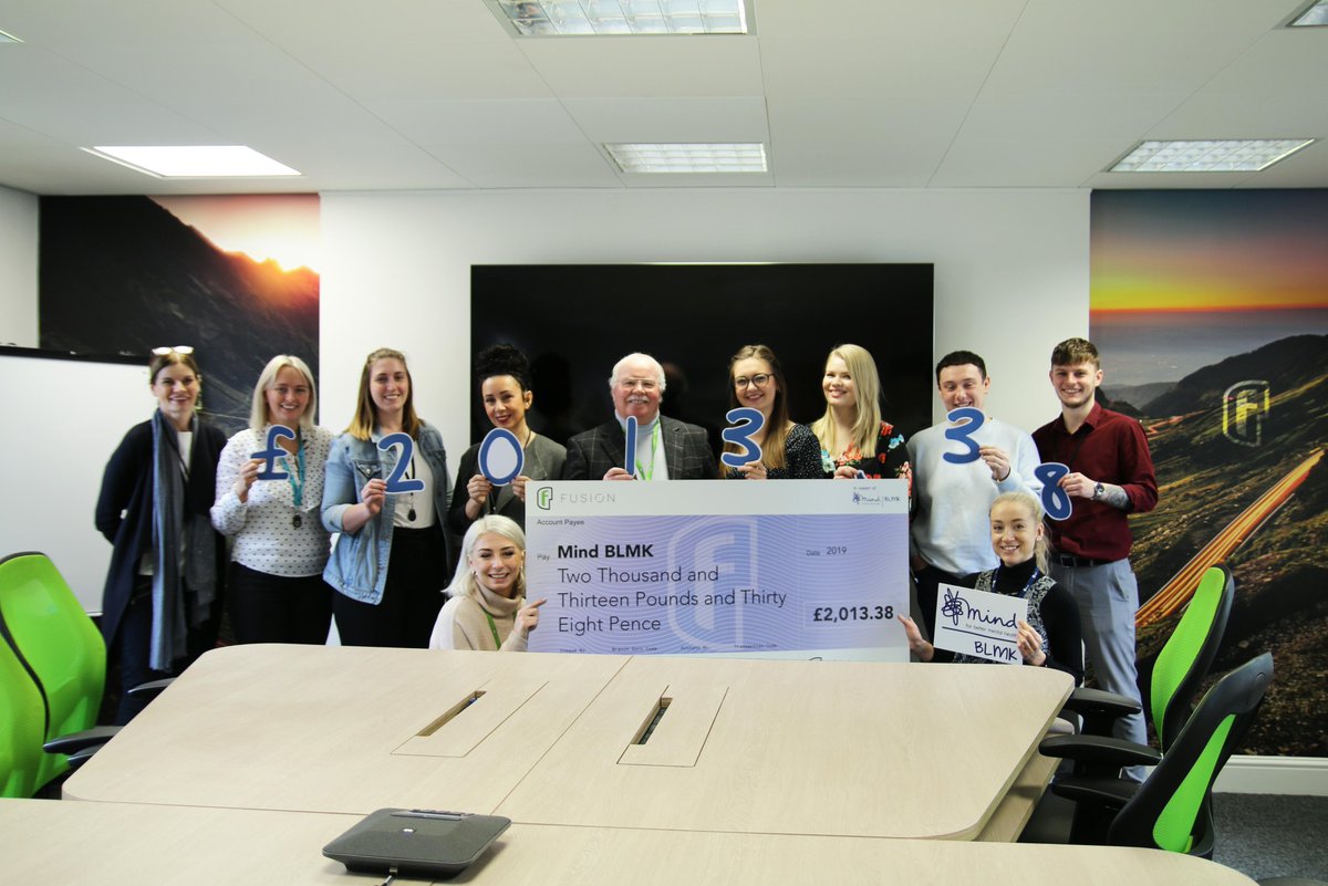 Yesterday we presented our donation to @MindBLMK to contribute to their amazing work on mental health in all its complex forms. HUGE thank you and well done to Fusion's Charity Committee, a group of hard-working and creative volunteers.  You guys rock. 🤩 #MentalHealthMatters