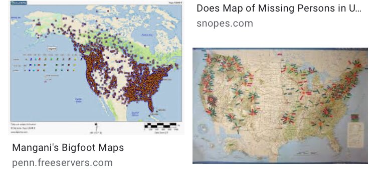 MrWayland2's tweet photo. @DanSpaceOddity these are maps of locations one is a map of Bigfoot sightings ( the one with Canada ) the one next to it is the missing 411 the green one is ufo sighting and the google maps one is military bases there seems to me like there is a pattern between the four 🤔 https://t.co/WOQfdWi9HL