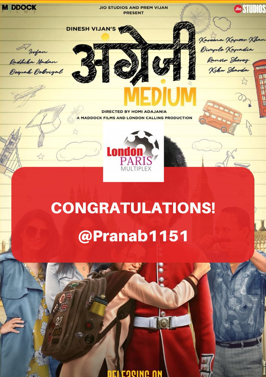 Congratulations to the winner of the #AngreziMedium contest - <a href="/Pranab1151/">Sophie rain</a>

You've won yourself free couple movie tickets for the movie at #LondonParis Multiplex!

#Kolkata