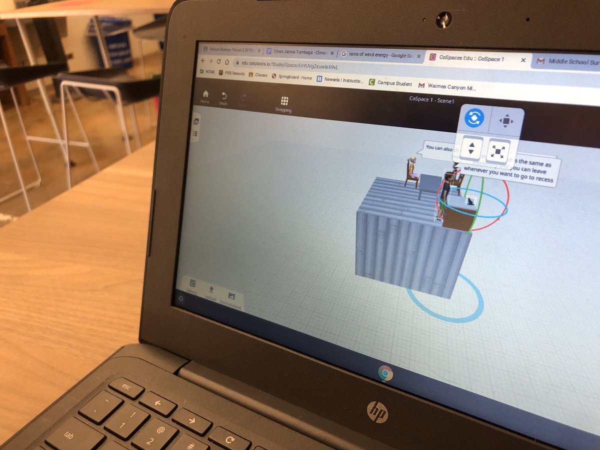 Students in STEM class are working on a middle school virtual survival guide for 6th grade students using #cospaces and #mergecubes