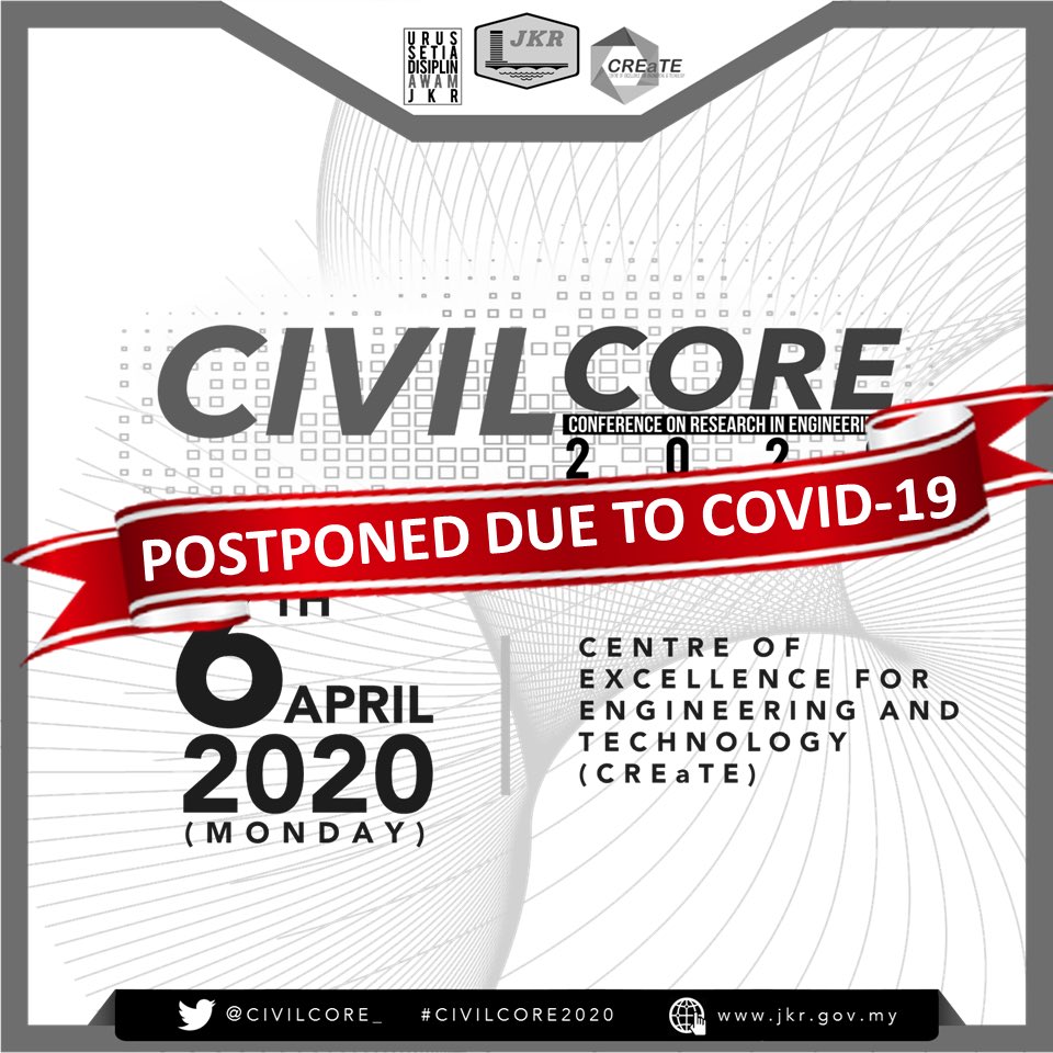 CIVILCORE_'s tweet photo. [KENYATAAN RASMI]

Pihak Sektretariat mengambil keputusan untuk MENANGGUHKAN program #CIVILCORE2020 yang dijadualkan pada 6 April 2020 (Isnin) ke suatu tarikh yang akan dimaklumkan kelak

@arkamaluddin
@Zulakmal8
@azudinmansor
@MohammadMaziah
@JKRMalaysia
@CivilJKR
@CREaTEJKR https://t.co/fKsAXdAZGs