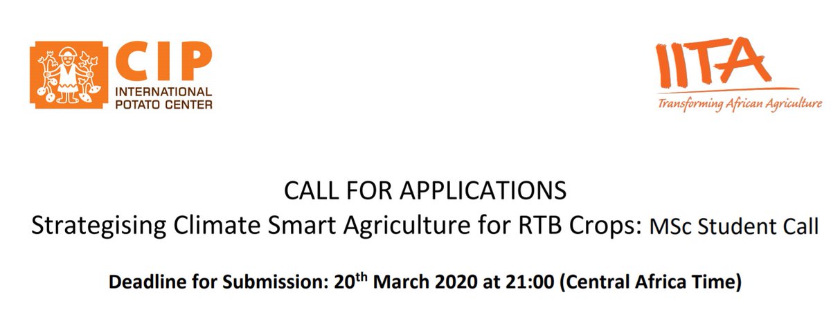 IITA_CGIAR's tweet photo. 📢Apply now

@Cipotato &amp; IITA are looking for 2⃣highly motivated MSc students currently enrolled in an MSc programme in agriculture, development, climate sciences or similar fields.

Deadline for submission 20th March 2020: 
https://t.co/xZAdUbzOKz https://t.co/hH2QzkwepR