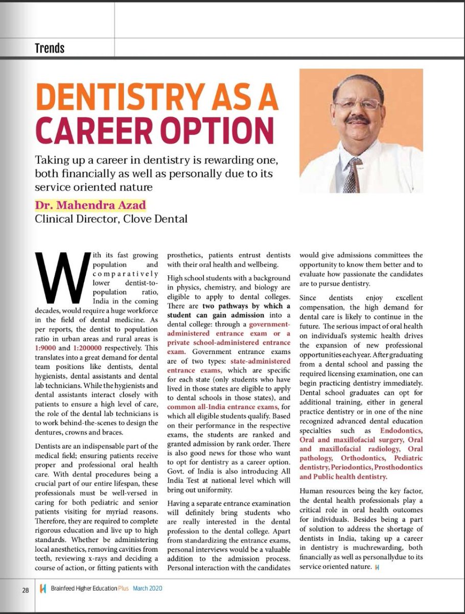 GreyMattersPR's tweet photo. In this insightful article, published in March edition of Higher Education Plus magazine, the Clinical Director of @CloveDental, Dr Mahendra Azad explains how #dentistry is a great career option for students aspiring to be #medical professionals.
Happy Reading👇
#GreyMattersClip https://t.co/Pe42twOJFy
