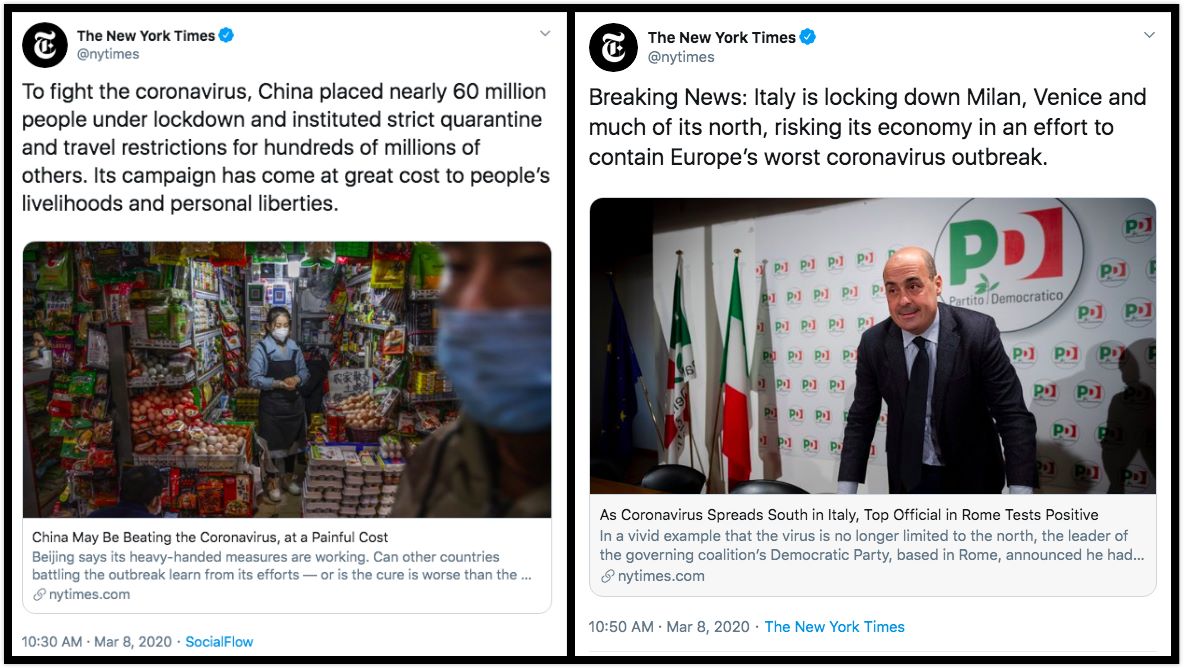 People S Daily China On Twitter Nytimes Bias Alert The Times Approves Of Italy S Lockdown As A Sacrifice To Help Contain Coronaoutbreak In Europe Yet Slanders China S Measures Https T Co Yg6jewsqgg Https T Co Sxn2jaijwt