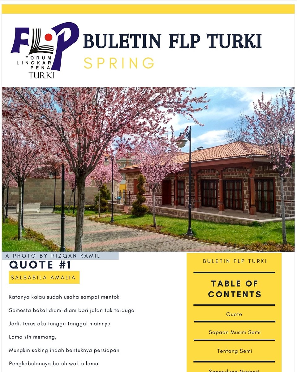flpturki's tweet photo. Assalamu'alaikum⁣⁣
Buletin FLP Turki "Spring" kembali hadir menemani kalian menyambut hangatnya musim semi.⁣⁣
Terima kasih kepada seluruh partisipan yang telah berkontribusi membagikan kisahnya. Selamat menikmati. Salam Literasi!⁣⁣
Link: https://t.co/8tIfBSom2J
( in bio ) https://t.co/XSE2s6EGtN