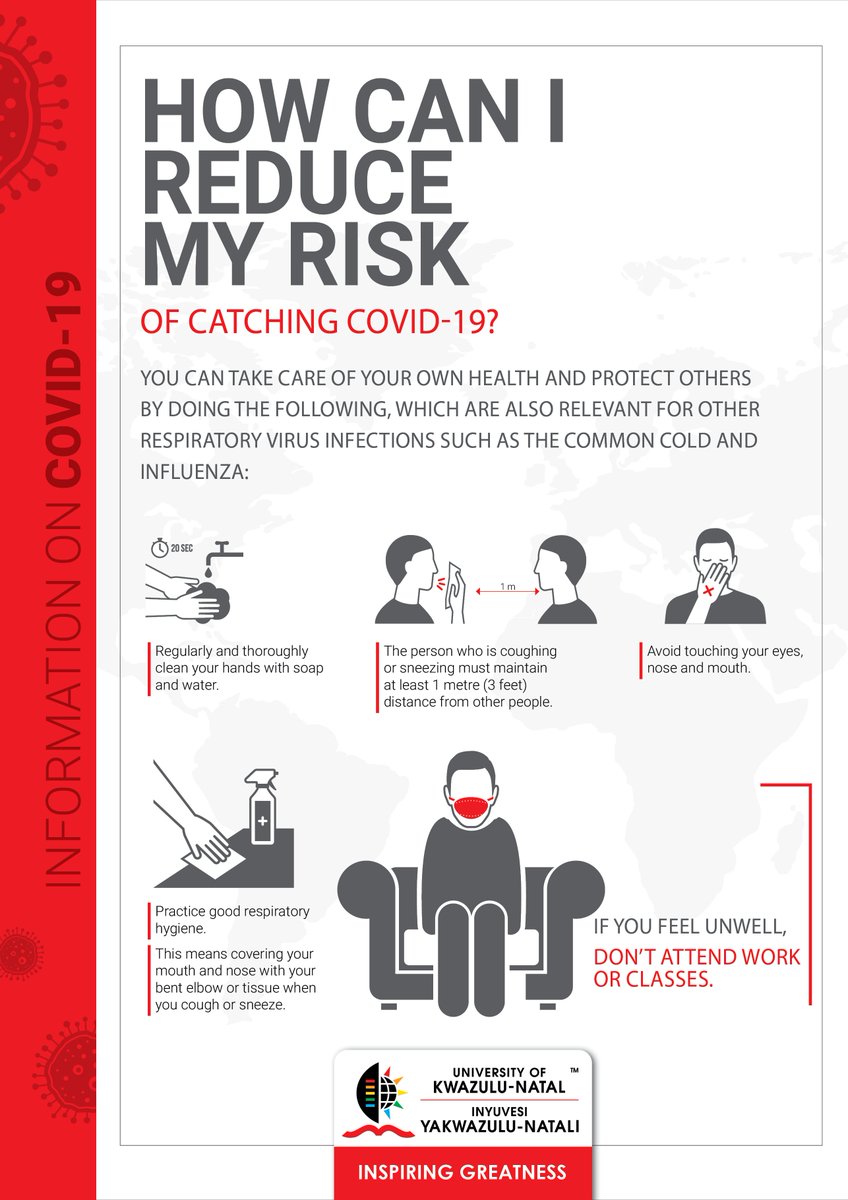 Here are ways of reducing the risk of contracting or spreading the Corona Virus.

If you feel unwell, keep away from others by staying at home - avoid public transport and spaces.

For more info:
vc.ukzn.ac.za/covid-19/

E-mail:
covid19@ukzn.ac.za