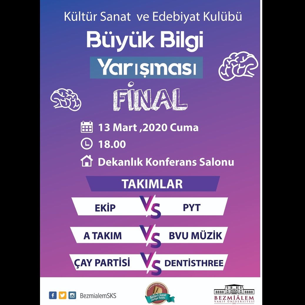 Kültür Sanat ve Edebiyat Kulübü tarafından ödüllü "Büyük Bilgi Yarışması" final müsabakaları gerçekleştirilecektir.
Kıyasıya rekabetin yaşanacağı karşılaşmalarda sizleri de seyirci olarak bekliyoruz! 📢
Tüm takımlarımıza başarılar dileriz. 🏆🎁