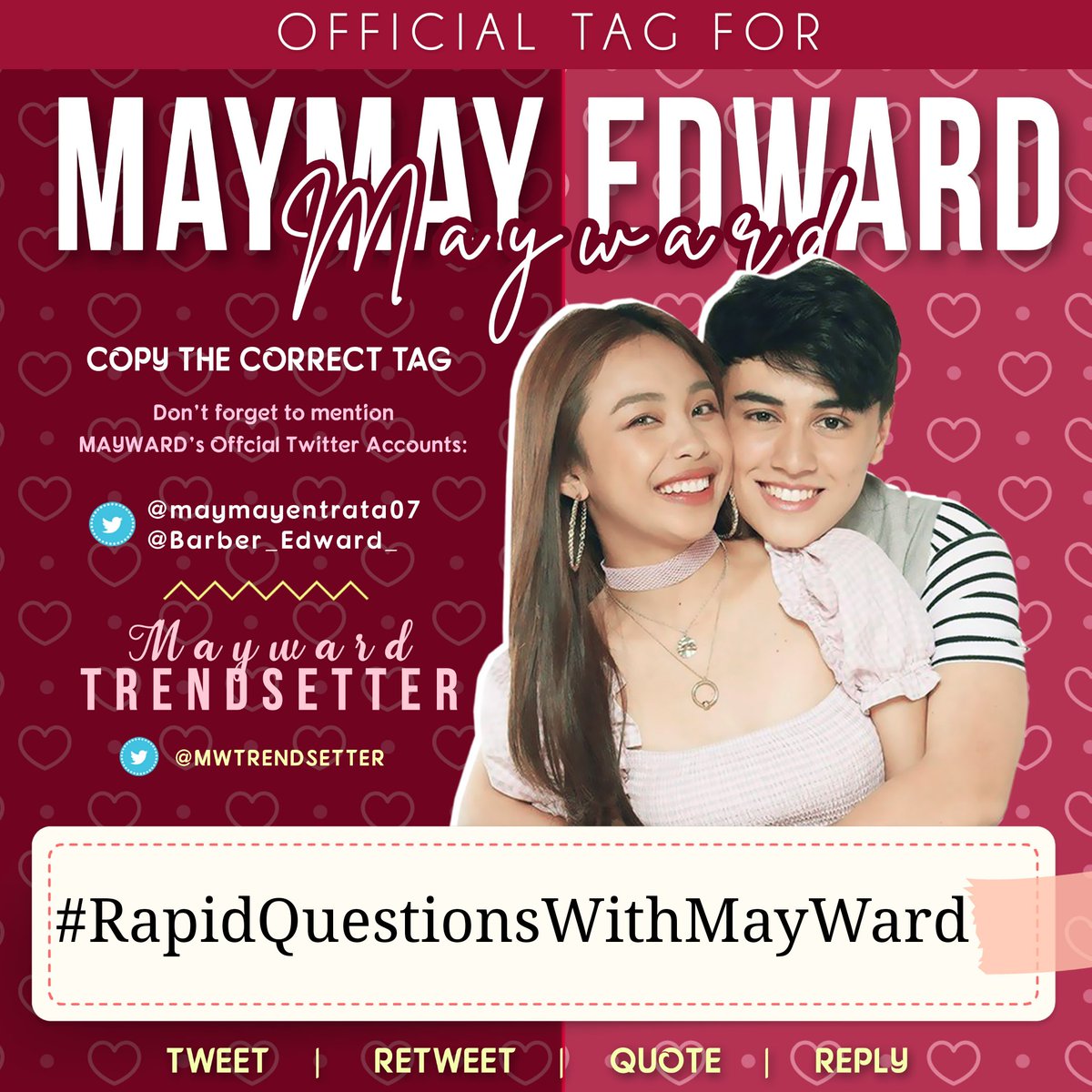 mwtrendsetter's tweet photo. Watch out for Rapid Fire Questions with #MayWard tonight at 9 PM on @StarMusicPH Facebook Page and YouTube Channel!

Link: https://t.co/itHq5UBQpD

@Starpopph

OFFICIAL TAG FOR TODAY:

#RapidQuestionsWithMayWard 

@maymayentrata07 @Barber_Edward_ https://t.co/jStsiCXg3u