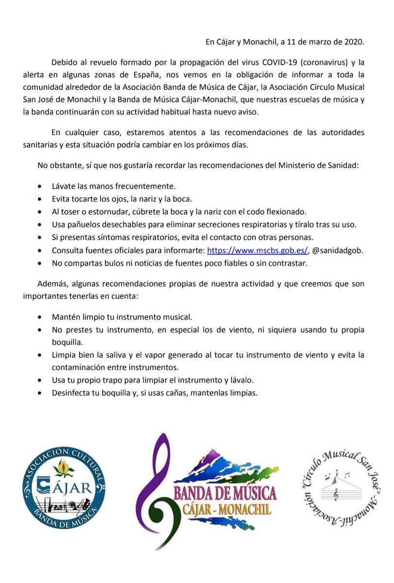 Comunicado oficial de nuestras asociaciones en relación al COVID-19 (coronavirus).
Sin alarmismos, son solo algunas recomendaciones.
De momento nuestra actividad sigue con normalidad, pero estaremos atentos a lo que digan las autoridades.
#coronavirus.