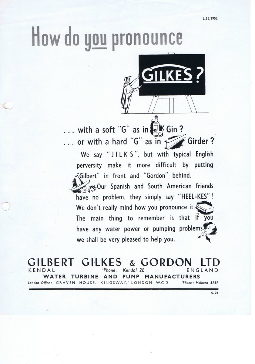 Gilbert_Gilkes's tweet photo. A fantastic advert from 1952 when advertising was a bit more tongue in cheek. For many years our friends and customers of Gilkes from around the world have puzzled as to how to pronounce our name… this brochure was created to provide some guidance. 

#tbt #hydropower #smallhydro https://t.co/WVsh2v1X7t