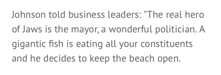 PickardJE's tweet photo. from the archives:

when Boris Johnson said his hero was the mayor in Jaws who kept the beaches open 

https://t.co/0cSOD4t78y https://t.co/bwjuLKKt2H