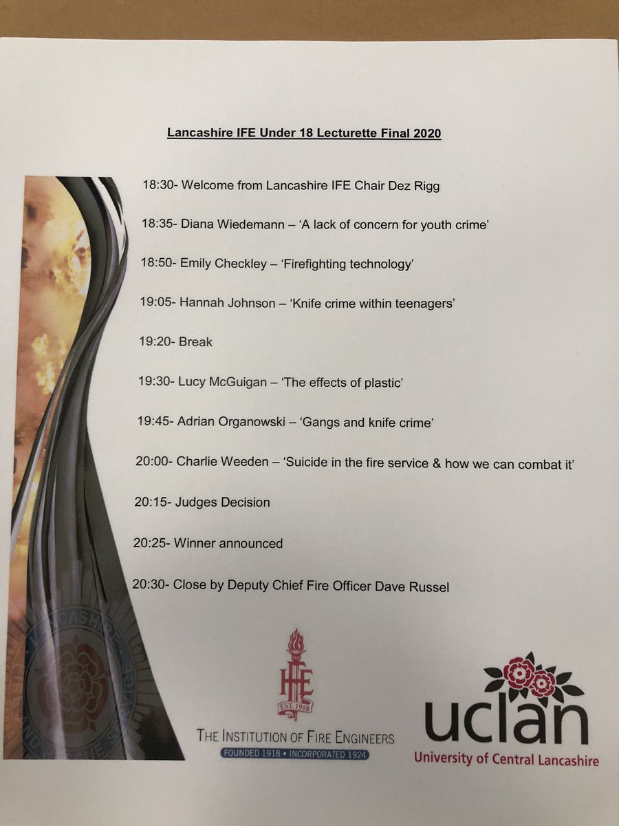 tompowell_91's tweet photo. Last night 6 @LancashireFRS #FireCadets gave fascinating presentations on a range of topics. Well done to all &amp; congratulations to Diana from @skemfire &amp; Charlie from @PreesallFire on 1st &amp; 2nd place. Both are now through to the regional final. Thanks to @UCLanFire for hosting 👍 https://t.co/cFSYfpRGHJ