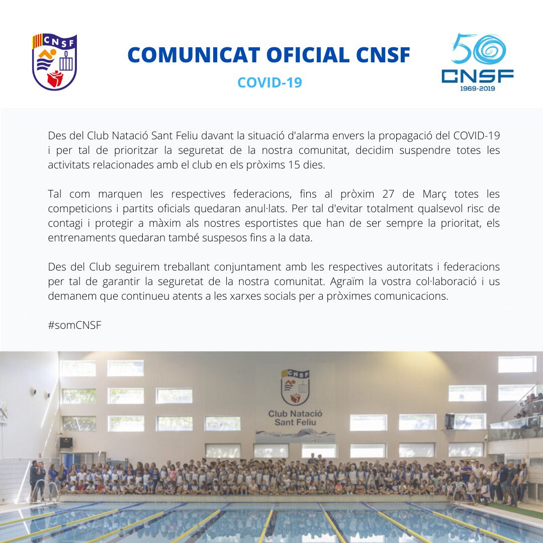 cnsf_info's tweet photo. Comunicat Oficial CNSF envers el COVID-19

Queden temporalment suspesos fins el proper 27 de Març:

1. Competicions i partits 
2. Entrenaments 
3. Actes interns del Club

Gràcies per la vostra col·laboració i confiança #somCNSF https://t.co/DvCQHyVVG0