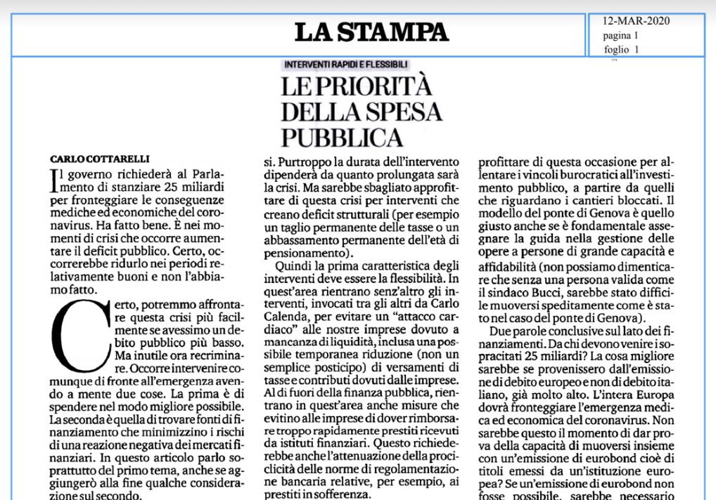 Da leggere ⁦<a href="/CottarelliCPI/">Carlo Cottarelli</a>⁩ oggi ⁦<a href="/LaStampa/">La Stampa</a>⁩ #coronavirus Importante la questione sollevata alla fine: come si reperiranno le risorse? Chi dovrà saldare questo debito? ⁦<a href="/bruno_simili/">Bruno Simili</a>⁩ ⁦<a href="/rivistailmulino/">Rivista il Mulino</a>⁩