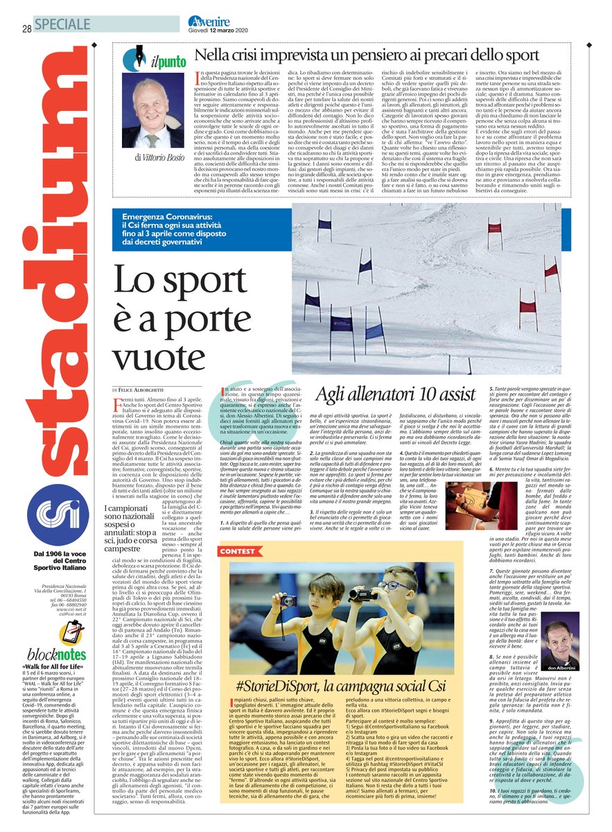 CSInazionale's tweet photo. Nella prima pagina #Stadium su Avvenire di oggi:
✔️ Lo sport è a porte vuote
✔️ Agli allenatori 10 assist Don Alessio Albertini
✔️ #StorieDiSport, la campagna social CSI
✔️ Walk for all for life #W4AL
LEGGILA QUI ➡️ https://t.co/DXwWp5lC9w https://t.co/A8MxRbIIrE