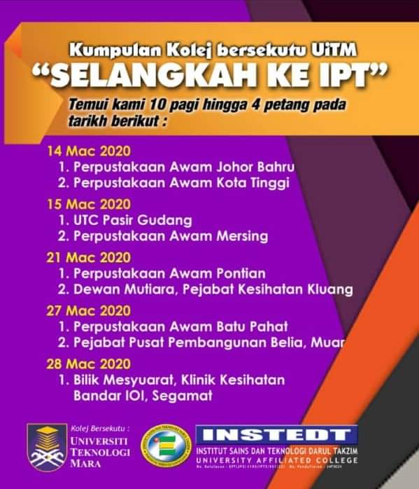 AzibAzleen's tweet photo. Jom lepasan SPM 2019. Temui kami di booth jelajah Selangkah ke IPT-KKB UiTM @INSTEDTdesaru
Ada tawaran hebat menanti anda... 

#INSTEDT2020intake 
#spm2019
#diplomaUiTM
#kolejkualiti
#jomstudy https://t.co/5kYX7oqlAL https://t.co/IespGWqaHf