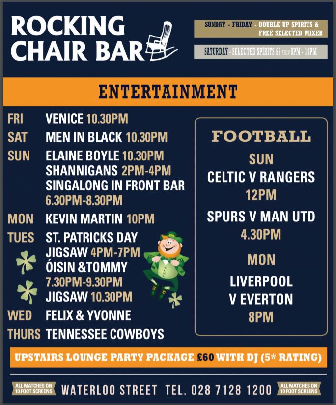 Entertainment at Rocking Chair Bar, 12th - 18th March. Starts tonight in the Lounge from 10:30pm with TENNESSEE COWBOYS. #derry #livemusic Also Man Utd on big screen at 5:55pm