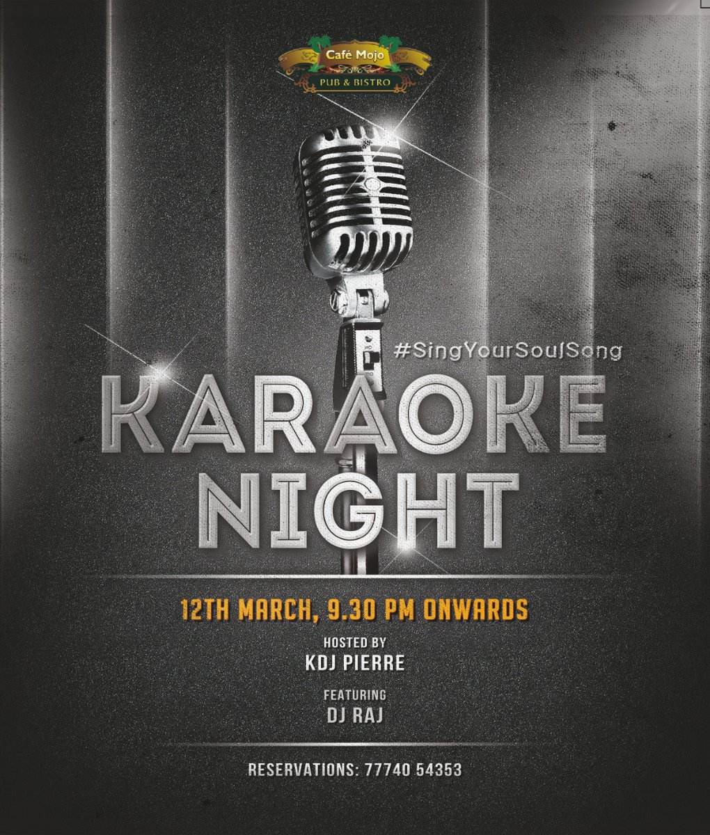 Get your homies along for a fun sing-along session with the most loved Karaoke KDJ Pierre with Café Mojo's Karaoke Nights. So make your reservations now &amp; get ready to Enjoy drinks at MRP price between 11am to 11pm 
For reservations call 77740 54353
#cafemojogoa #goaparties #pub