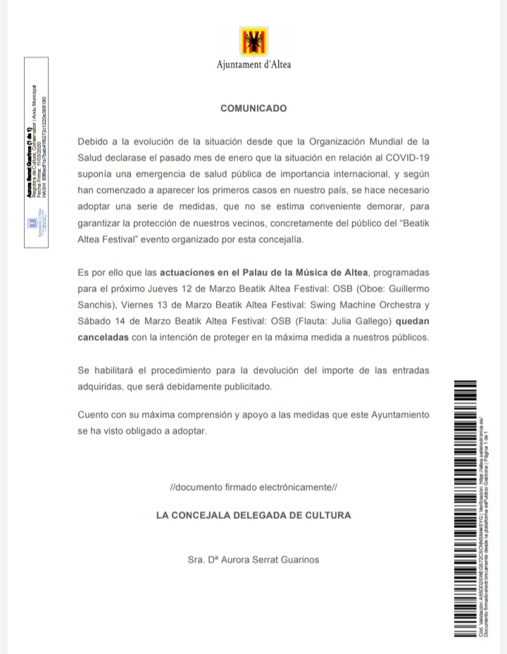 beatikapp's tweet photo. Queridos amigos, seguidores, colegas y asistentes del festival. 

Hemos sido informados por el ayuntamiento de Altea que, debido al riesgo de transmisión del COVID-19, los conciertos del Beatik Altea Festival no podrán llevarse a cabo.

Nuestras más sinceras disculpas, Beatik. https://t.co/tLQlck6ebU