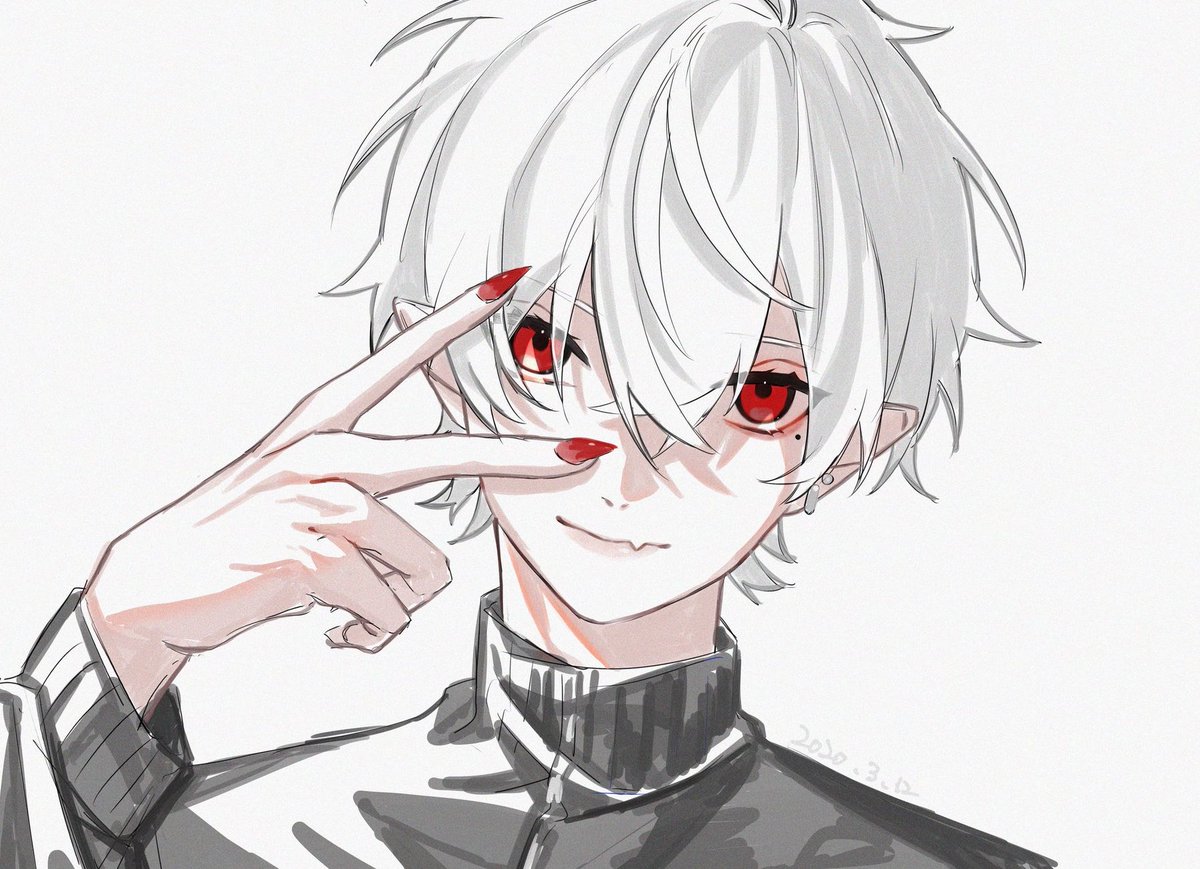 kuzuha (nijisanji) 1boy male focus red eyes pointy ears solo fingernails white hair  illustration images