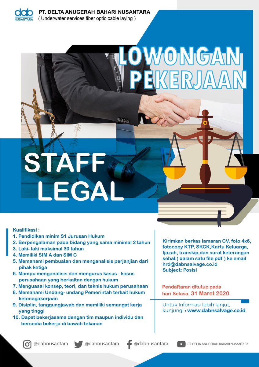 dabnusantara's tweet photo. Hallo Sobat DABN. PT Delta Anugerah Bahari Nusantara sedang mencari karyawan untuk posisi Staff Legal.
Kamu kah yang kita cari?
Kirim lamaran dan CV terbaikmu ke email : hrd@dabnsalvage.co.id
Kami tunggu kamu disini !!!
.
.
.
#lowongankerja
#loker
#surabaya
#lokersurabaya https://t.co/RMnU3rlJaR
